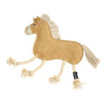 EcoZippy Suede and Rope Buddies - Horse: A plush horse toy featuring a tan body, rope legs, yarn mane and tail, and a small black fabric tag attached to one leg.