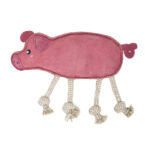 EcoZippy Suede and Rope Buddies - Pig: A pink pig-shaped dog toy featuring a suede body, embroidered face, and four knotted rope legs.