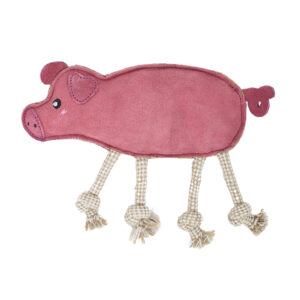 EcoZippy Suede and Rope Buddies - Pig: A pink pig-shaped dog toy featuring a suede body, embroidered face, and four knotted rope legs.
