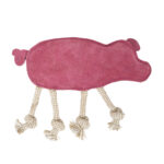 EcoZippy Suede and Rope Buddies - Pig: A pink pig-shaped dog toy crafted from fabric, featuring four rope legs with knotted ends, displayed on a white background.