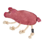 The ecoZippy Suede and Rope Buddies - Pig is a pink dog toy shaped like a pig, featuring rope legs, a curly tail, fabric construction, and stitched facial details.
