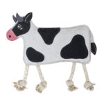 EcoZippy Suede and Rope Buddies - Cow features black and white patches, a pink snout, blue horns, and rope legs with knotted ends, displayed on a white background.
