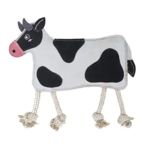 EcoZippy Suede and Rope Buddies - Cow features black and white patches, a pink snout, blue horns, and rope legs with knotted ends, displayed on a white background.