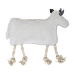 EcoZippy Suede and Rope Buddies - Cow: A plush toy shaped like a cow, crafted from gray suede fabric with black horns and rope legs finished with knotted tassels.