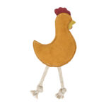 EcoZippy Suede and Rope Buddies - Chicken: A stuffed toy shaped like a chicken, crafted from orange suede fabric with red and yellow accents, featuring two rope legs with knotted ends.