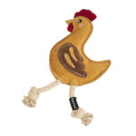 EcoZippy Suede and Rope Buddies - Chicken: A plush chicken-shaped dog toy featuring a brown suede body, red comb, yellow beak, stitched wing detail, and two knotted rope legs.