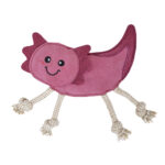 EcoZippy Suede and Rope - Axolotl is a pink axolotl-shaped toy featuring a smiling face, maroon fins, and four rope legs with knotted tassel ends, shown against a white background.