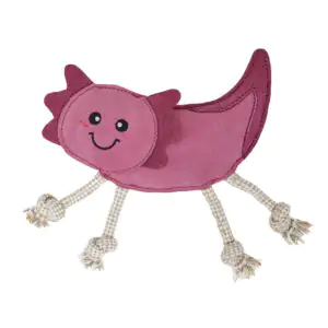 EcoZippy Suede and Rope - Axolotl is a pink axolotl-shaped toy featuring a smiling face, maroon fins, and four rope legs with knotted tassel ends, shown against a white background.