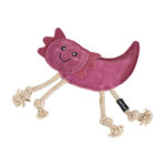 The ecoZippy Suede and Rope - Axolotl is a plush dog toy shaped like a smiling pink axolotl, featuring rope legs and a fabric tag on the side, shown lying on a white background.