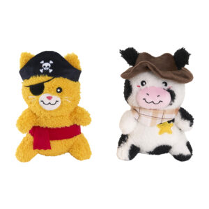 Two plush toys: an orange cat dressed as a pirate and a black-and-white cow dressed as a sheriff.