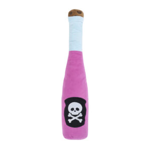 Plush toy shaped like a bottle, colored pink and light blue with a skull and crossbones emblem.