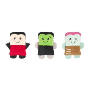 Three plush Halloween character toys: a vampire, Frankenstein’s monster, and a zombie.