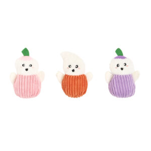 Three small plush toys shaped like ghosts wearing pink, orange, and purple bottoms with green stems.