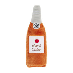 Plush dog toy shaped like an orange bottle of hard cider, labeled with an apple icon and the text “ZippyPaws Vineyards.”