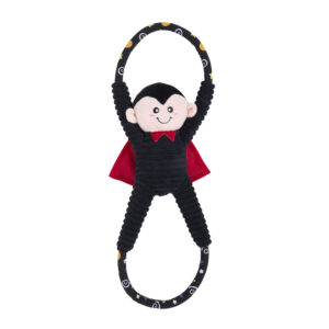 Plush vampire dog toy with a red cape, attached to a circular, patterned rope.