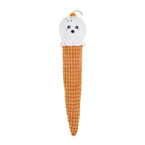 Plush toy shaped like an ice cream cone with a smiling face on the scoop.