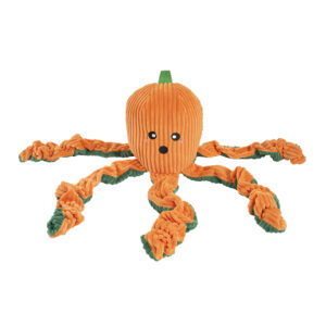 Orange and green plush octopus dog toy shaped like a pumpkin.