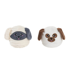 Two small, round plush dog toys with embroidered faces.
