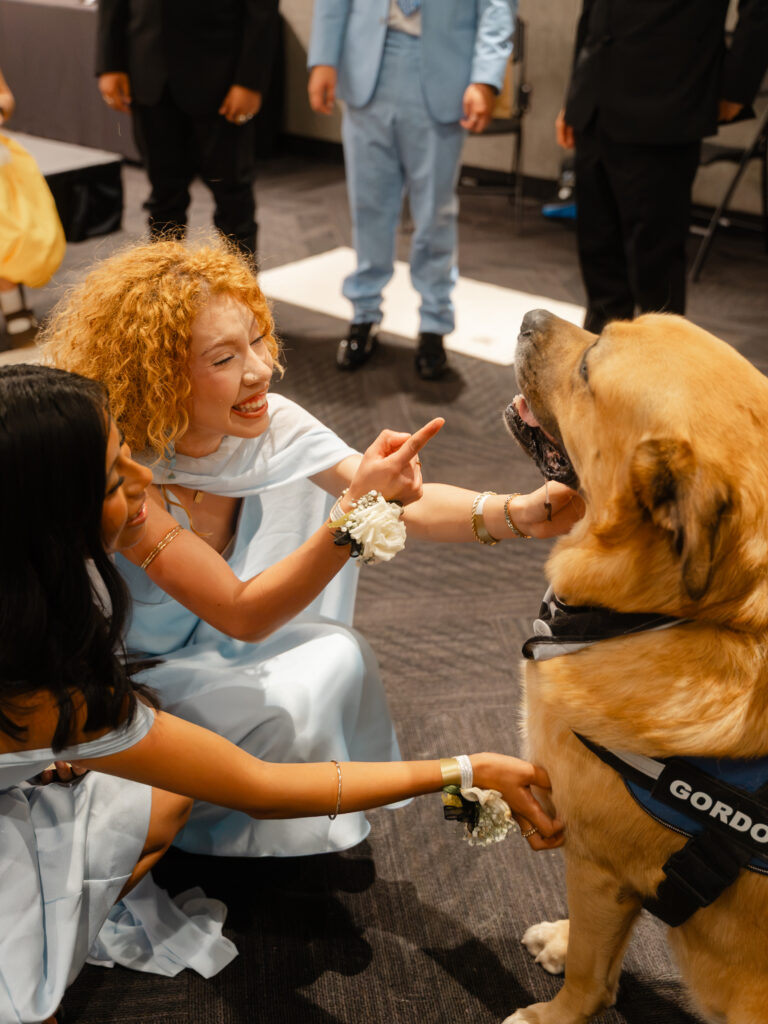 Two young women in formal light blue dresses smile and interact with a large golden dog wearing a vest labeled “GORDO.”