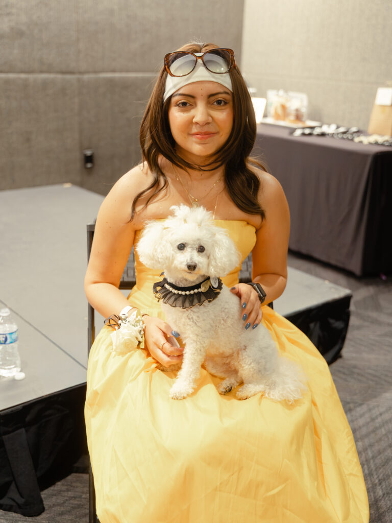 A woman in a yellow dress holding a small white poodle wearing a black ruffled collar.