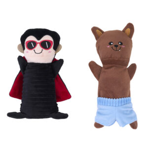 Halloween Colossal Buddiez 2-Pack – Dracula & Werewolf: a vampire plush with red-framed sunglasses and a red-lined cape, and a brown werewolf plush in blue shorts.