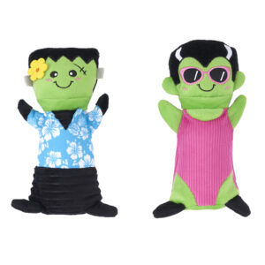 Halloween Colossal Buddiez 2-Pack – Frankenstein’s Monster & Bride: a green Frankenstein-style monster in a floral shirt and a green bride monster in a pink bathing suit.