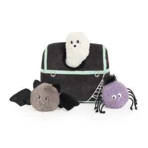 A Halloween Zippy Burrow® – Haunted Chest featuring a plush black treasure chest with a ghost peeking out, accompanied by a round gray bat toy and a round purple spider toy.