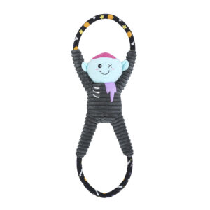 Plush zombie dog toy with a loop for tugging and a Halloween-themed fabric pattern.