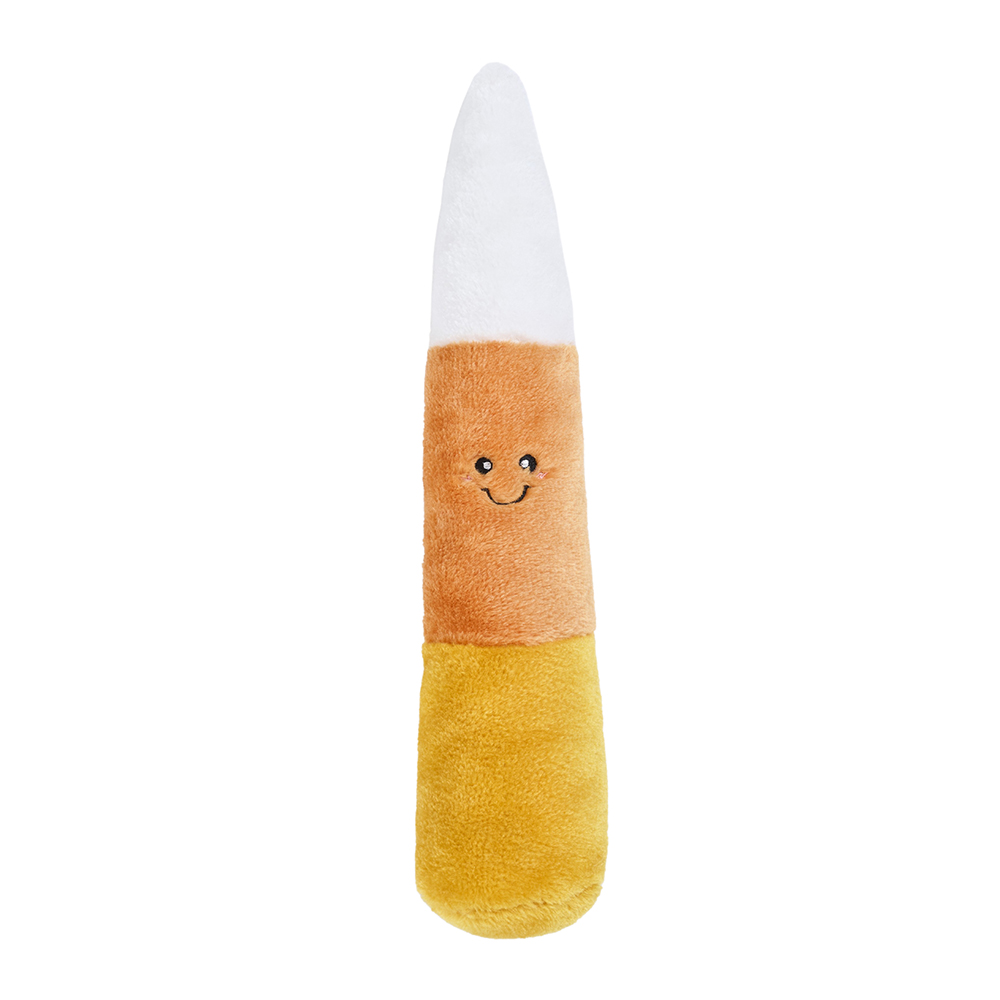 Plush candy corn toy with a smiling face.