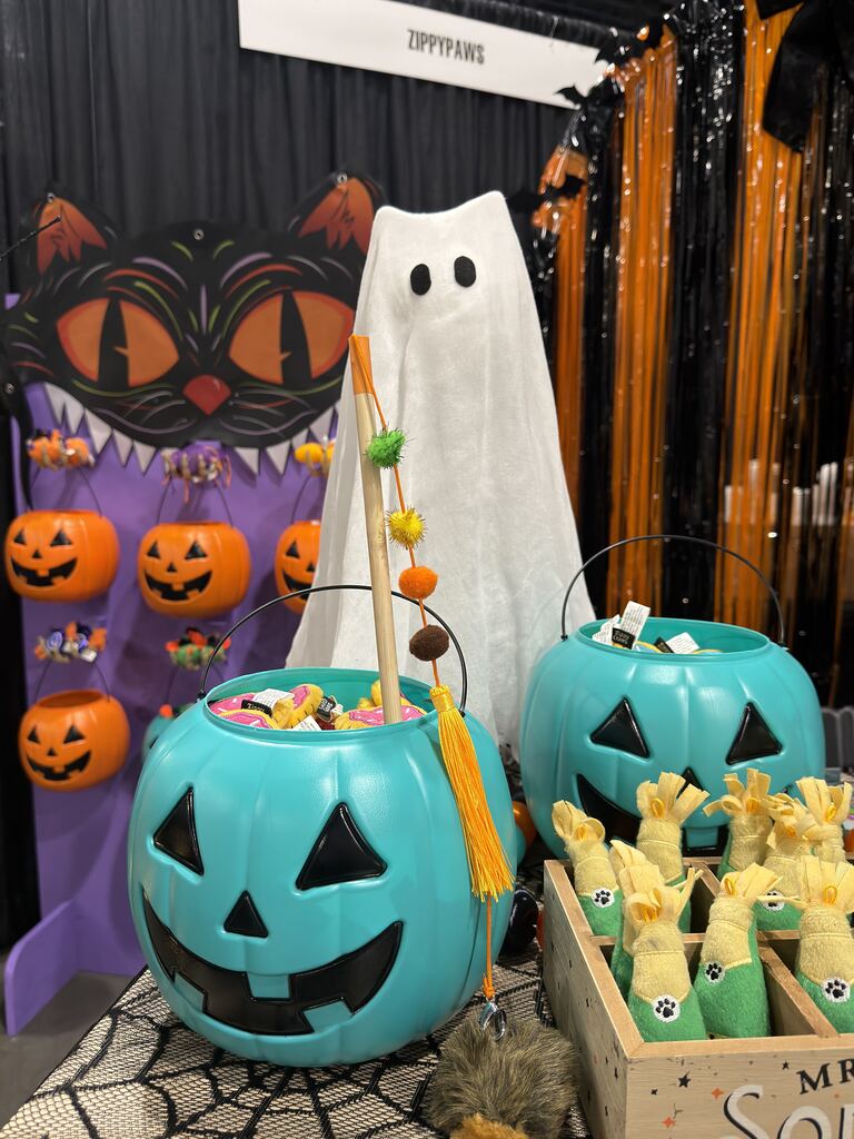 Teal pumpkin-shaped treat buckets, a ghost decoration, and cat-themed Halloween merchandise on display.